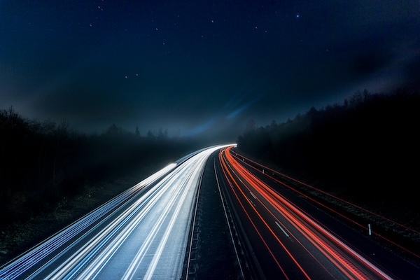 A road at night, photo taken with long shutter time